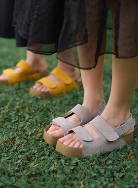 远家头层牛反绒魔术贴露趾凉鞋凉拖鞋 松糕底厚底增高W-857限量