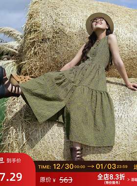 远家盐缩棉黄绿细格纹无袖蛋糕裙背心式前开扣连衣裙LF5655限量