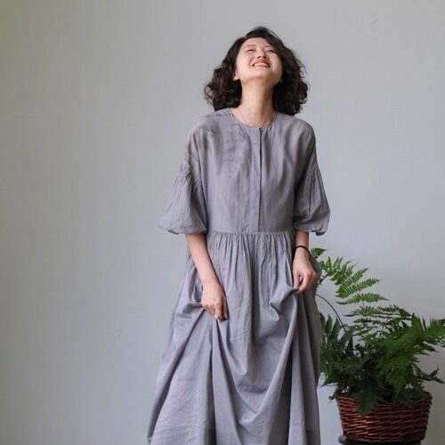 远家胡桃木染拓印连衣裙LL5268