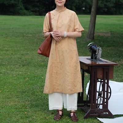 远家植物染柿子染新中式旗袍