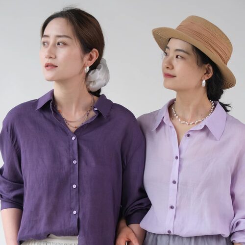 远家丝麻翻领长袖宽松休闲衬衫