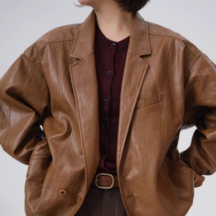 586 翻领PU皮衣原创定制岩画内衬复古中性夹克外套Y 远家经典 款