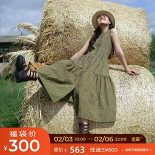 远家盐缩棉黄绿细格纹无袖蛋糕裙背心式前开扣连衣裙LF5655限量