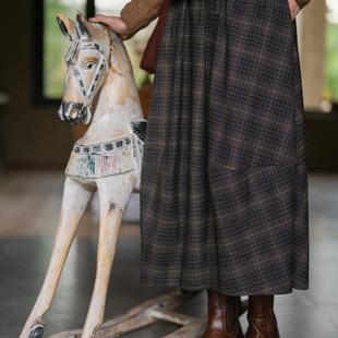 远家格纹花苞裙复古半身裙小个子显瘦文艺垂坠百搭长裙LL3250限量