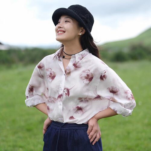 远家水墨印花粉色系长袖衬衣