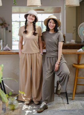 远家可外穿家居服套装重磅爽棉透气干爽合体T恤松紧腰阔腿W-629限