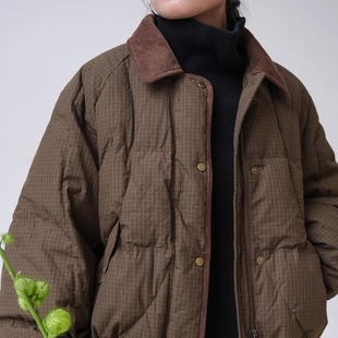 远家90白鸭绒面包羽绒服短款 840限 灯芯绒翻领格子夹克羽绒保暖W