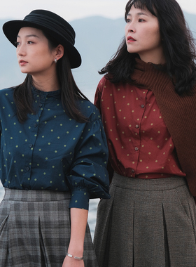 远家纯棉撞色波点荷叶领立领衬衫灯笼袖长袖衬衣打底叠穿HF3152限