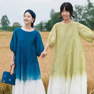 远家 草木染蓝染黄柏染 渐变连衣裙 圆领气质长裙子 夏新HF5133限