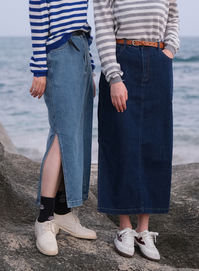 远家棉弹水洗牛仔复古休闲直筒侧开衩半身裙牛仔裙中长F-058限