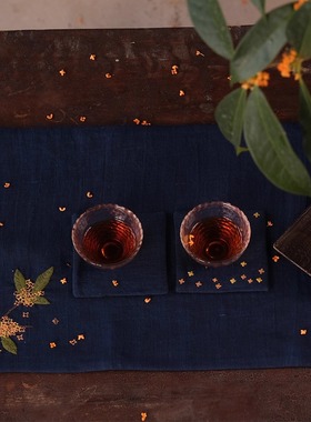 远家蓝染植物染茶席草木染纯亚麻桂花绣花茶杯垫套中秋HL5328特价