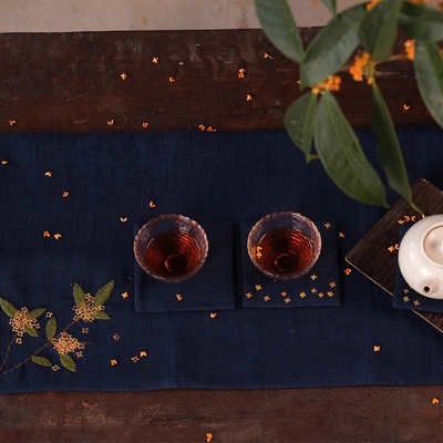 HL5328蓝染桂花绣花茶席杯垫套组