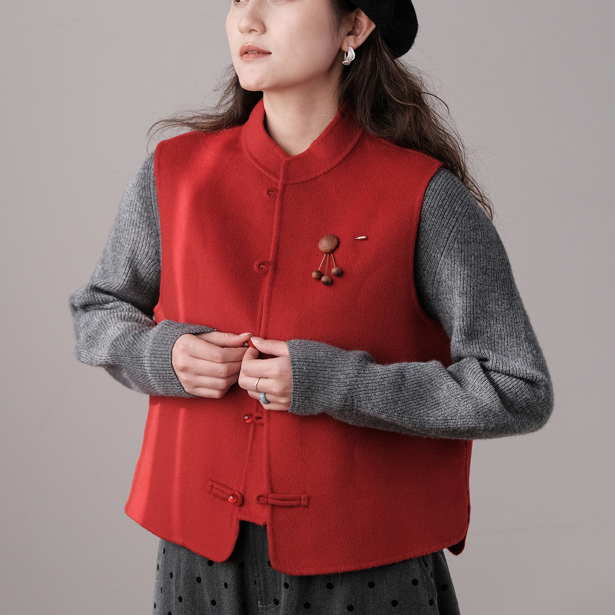 远家绵羊毛双面呢新中式马甲背心