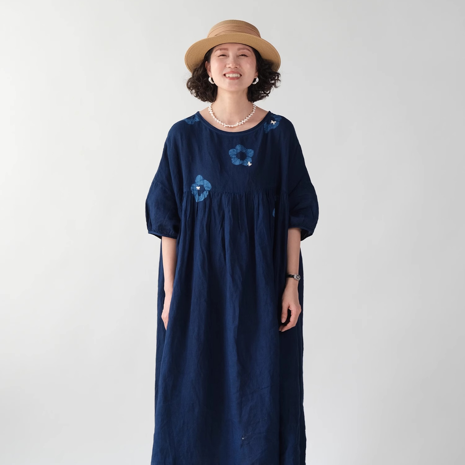 草木染蓝染蜡画纯亚麻刺绣连衣裙