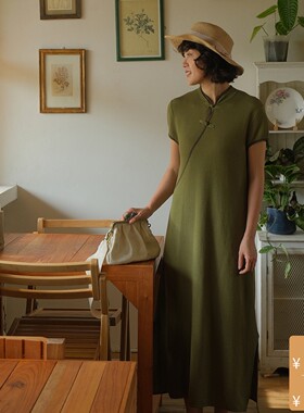 【特价】远家针织旗袍斜襟立领新中式干爽中长茶服连衣裙 Y-194限