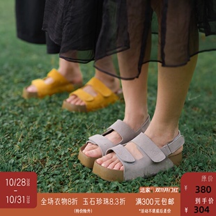 857限量 松糕底厚底增高W 远家头层牛反绒魔术贴露趾凉鞋 凉拖鞋