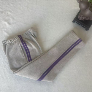 初中小学生校服裤子浅灰色两道紫色杠边全棉直筒休闲运动裤冬加绒