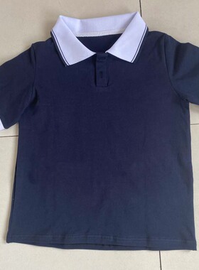 定制翻领藏蓝色校服短袖上衣休闲夏季白领子两道藏蓝杠班服T棉质