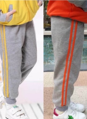 浅灰色校服裤两道杠中小学生运动长裤双黄杠两橙色边校裤春装单裤