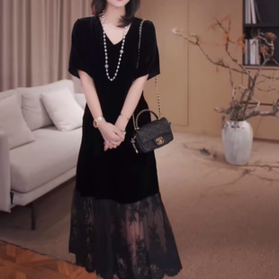时尚 连衣裙轻奢金丝绒拼接蕾丝中长裙法式 休闲风百搭 高腰短袖 大码