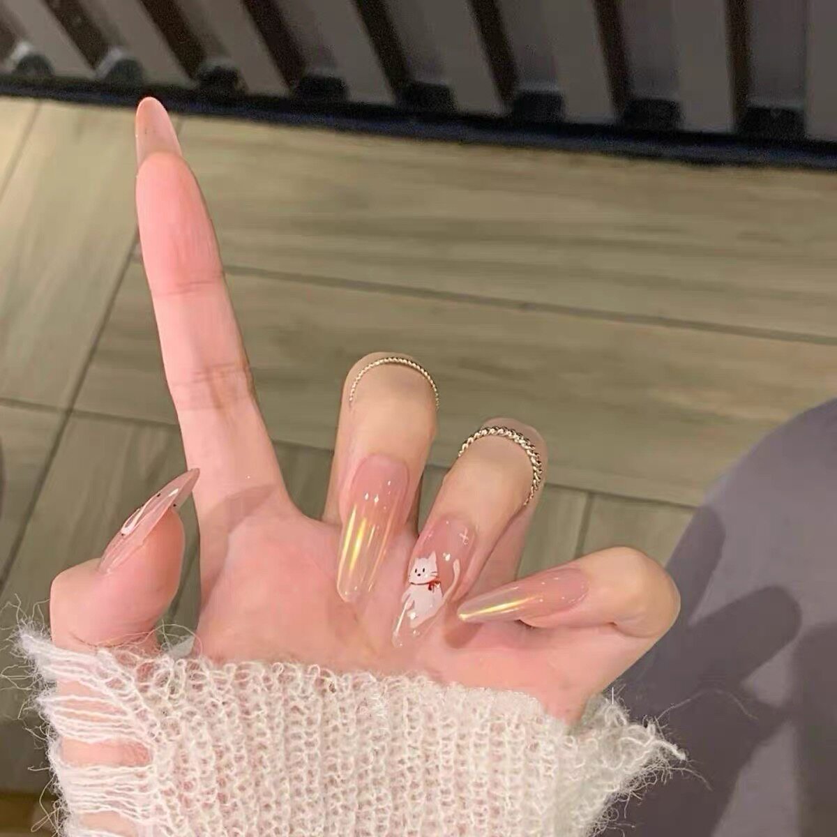 卡通猫咪猫爪爱心猫咪手工穿戴甲中长款学生气质显白可爱少女美甲