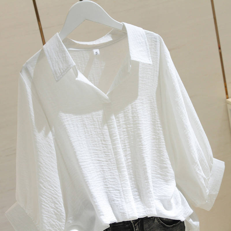 White loose shirt women's summer new simple Pullover long cotton bat sleeve shirt with short front and back