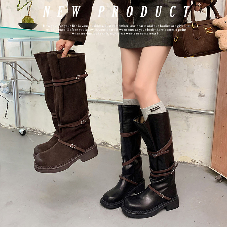 2025时尚百搭休闲复古真皮厚底韩式长筒靴圆头粗跟深口骑士靴