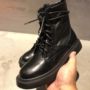 系带短靴女潮牌女鞋2023年秋冬季新款粗跟平底黑色透气马丁靴加绒