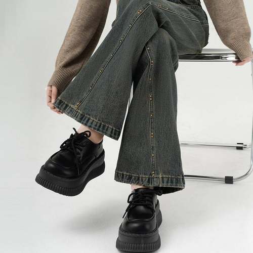 高裤腰阔宽腿牛仔女20102668025春秋新款松2直筒设计感铆钉复古微