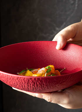 高颜值红色陶瓷盘好看的盘子深盘餐具高级感沙拉盘子家用菜盘汤盘