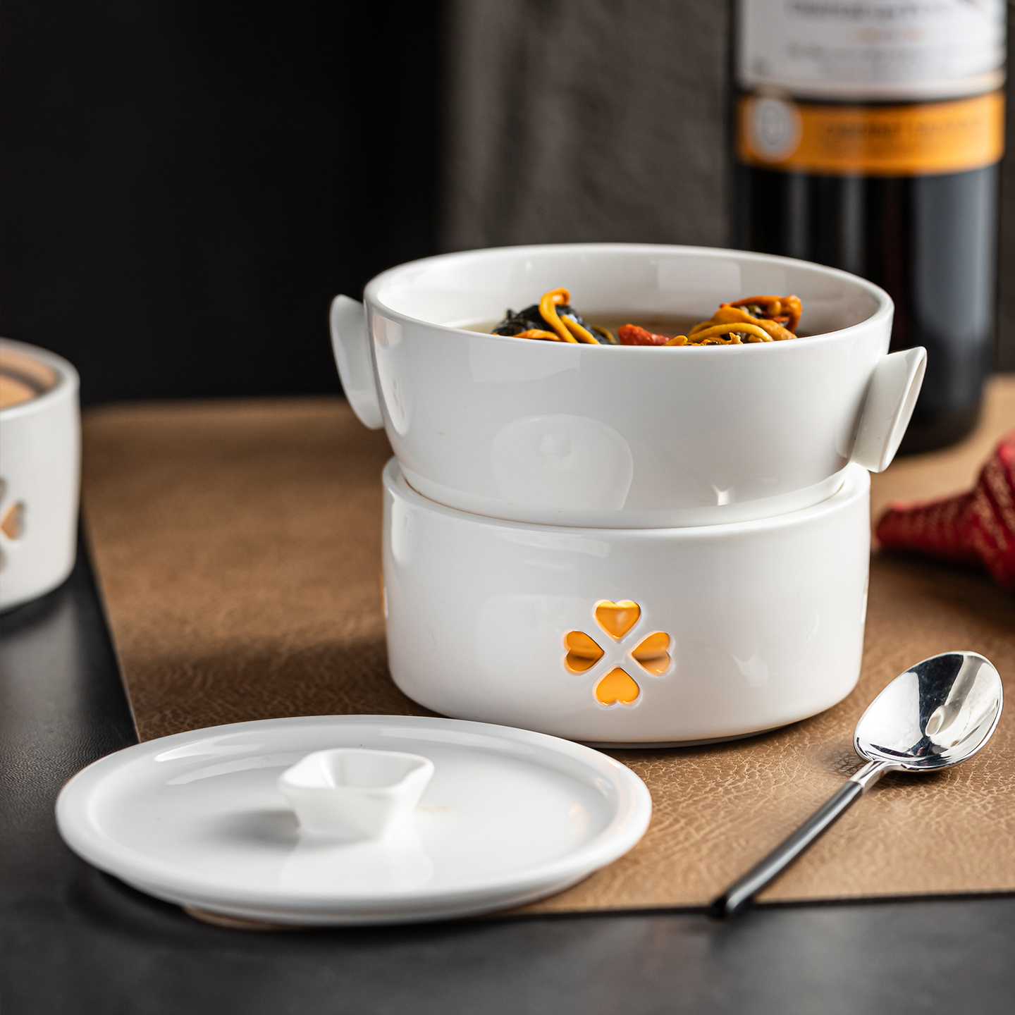 简约纯白色陶瓷炖盅高档餐厅酒店蜡烛加热位上汤盅养生汤燕窝炖盅