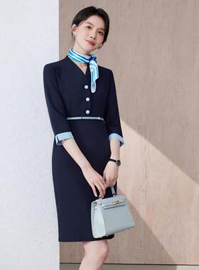 高端职业装连衣裙女夏装新款韩版OL珠宝店前台深v领行政酒店美容