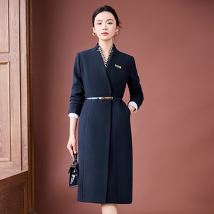 深蓝色无领毛呢西装外套女冬季加厚美容院珠宝酒店前台工作服大衣