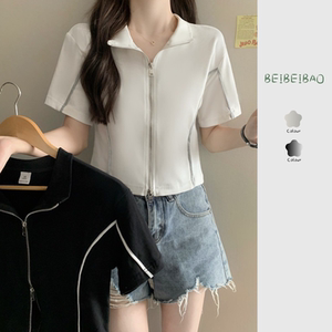 韩版休闲简约风双拉链T恤女夏季设计感立领正肩纯棉短款修身上衣