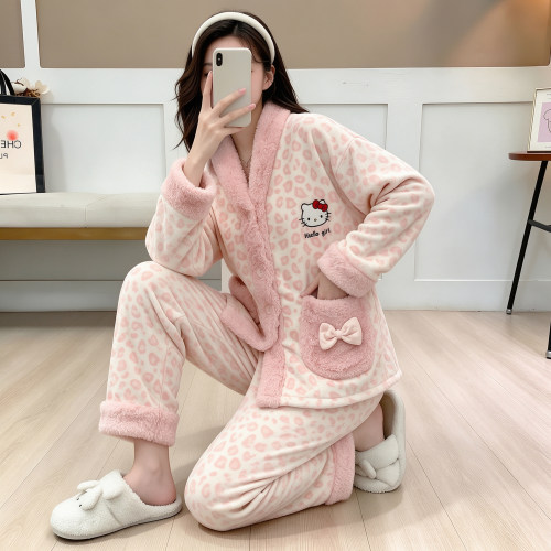 网红风甜美时尚海岛绒睡衣女秋冬季新款薄绒开衫保暖家居服可外穿