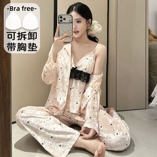 甜美性感蕾丝金丝绒睡衣女士秋季新款带胸垫吊带薄绒家居服三件套