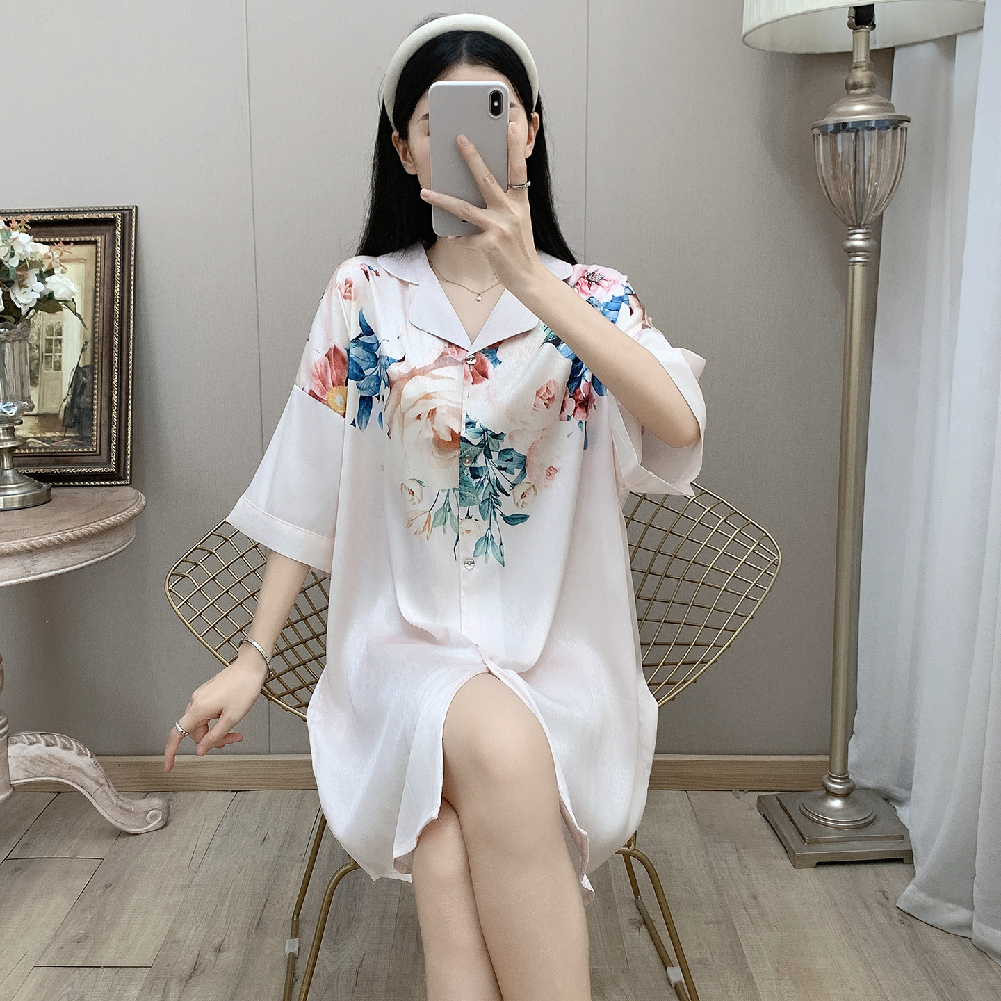 2026夏季新款女士睡裙冰丝中袖薄款国风轻奢时尚冰雪丝睡衣家居服