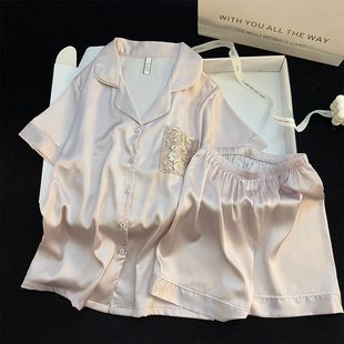 新款 短裤 夏季 冰丝睡衣女短袖 薄 甜美纯奢轻奢时尚 仿真丝家居服套装