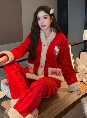 红色KT猫海岛绒睡衣女秋冬季新款V领开衫甜美时尚保暖家居服套装