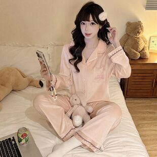 秋季新款金丝绒睡衣女款甜美轻奢时尚长袖开衫金钻薄绒家居服套装