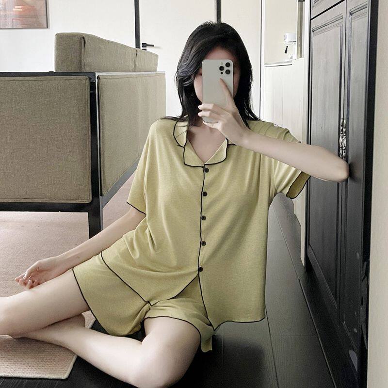 带胸垫莫代尔睡衣女夏季新款翻领开衫韩版轻奢时尚家居服短袖套装