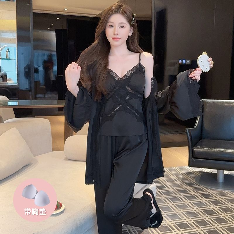 冰丝睡衣女吊带长裤轻奢黑色蕾丝春秋季新款性感睡袍家居服三件套