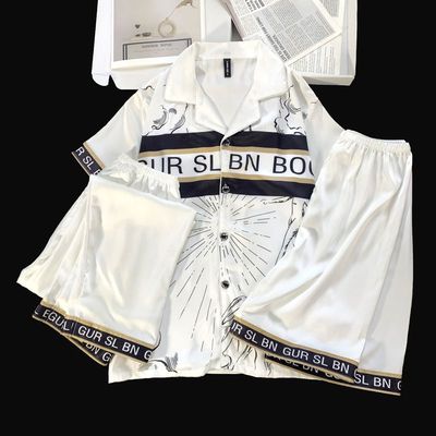 高级感时尚冰丝睡衣女夏季新款短袖三件套网红仿真丝家居服可外穿