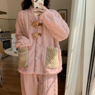珊瑚绒睡衣女秋冬季新款卡通加厚保暖加大码胖MM毛茸茸家居服套装