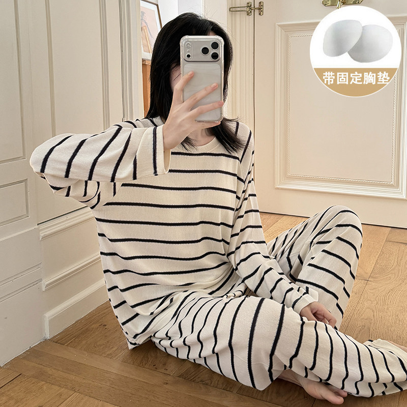 圆领慵懒风彩棉睡衣女春季新款长袖长裤带胸垫条纹休闲家居服套装,女士内衣/男士内衣/家居服,睡衣/家居服套装,淘宝优惠券,粉丝福利购,淘宝优惠卷