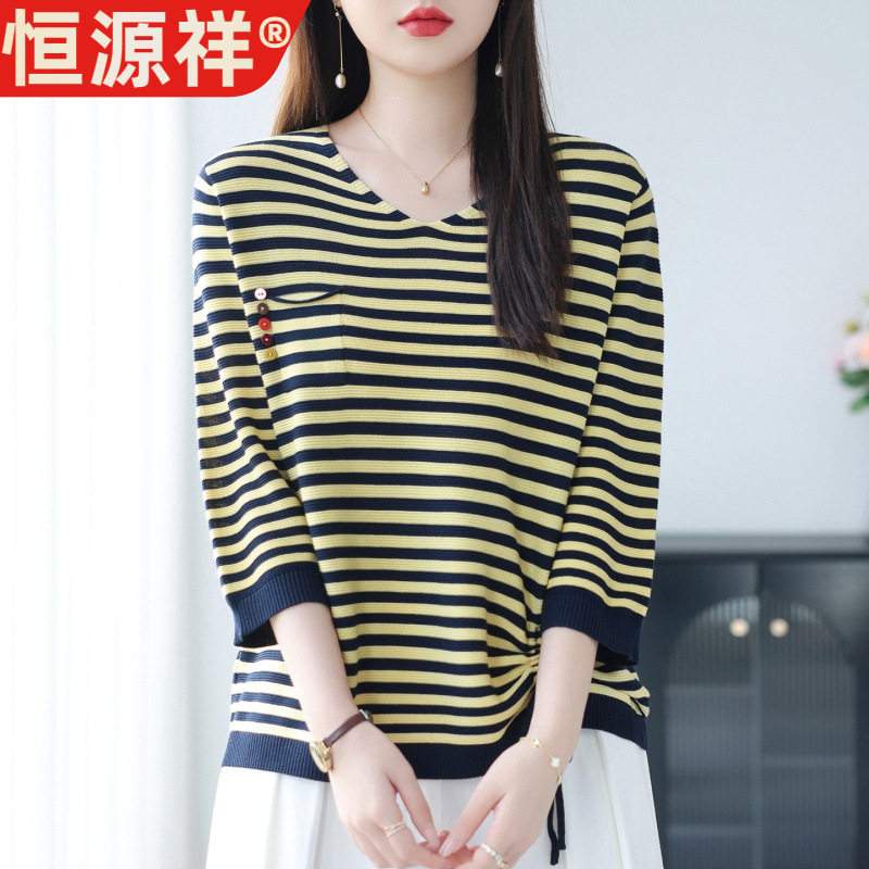 恒源祥中年妈妈大码条纹上衣女2025年新款七分袖薄款针织打底衫春图片