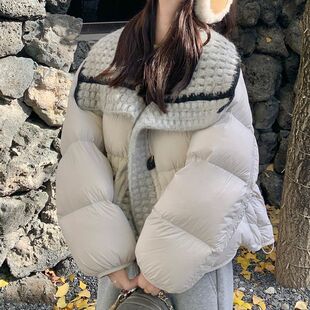 韩系chic针织拼接加绒棉服女短款2026秋冬独特漂亮气质面包服外套