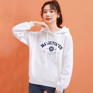 长袖新款连帽加绒卫衣女秋冬加厚宽松韩版bf慵懒风白色上衣ins潮