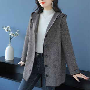 秋冬新款胖mm女装加肥加大码毛呢外套连帽中长款双面羊绒休闲大衣