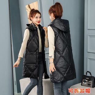 羽绒棉马甲女中长款亮面免洗2026秋冬爆款可卸帽韩版修身背心棉服